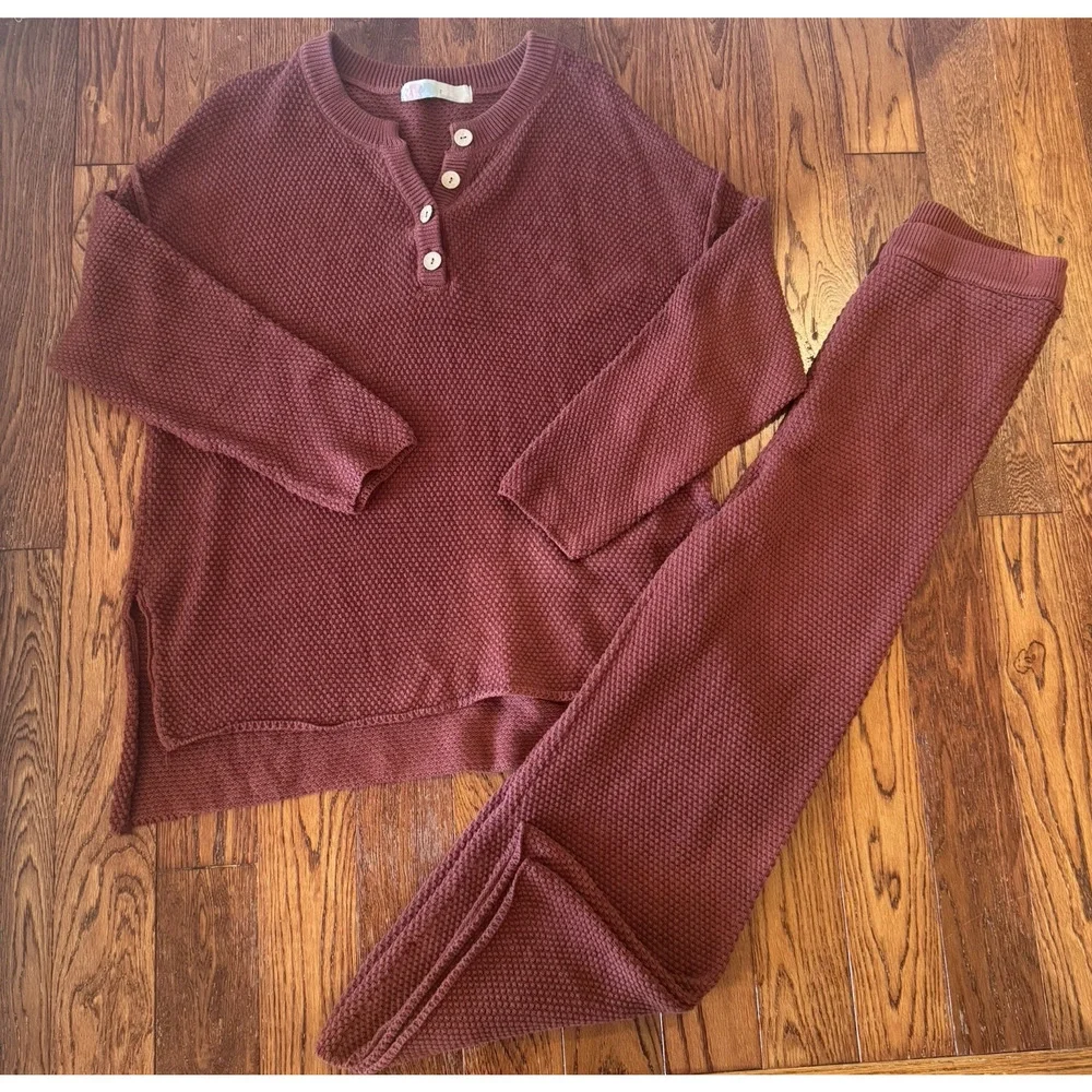 Free People FP Beach Hailee 2 Piece Sweater Set Waffle Knit Henley Small Boho